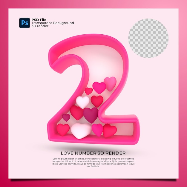 PSD número 2 3d render cor rosa com ícone de amor