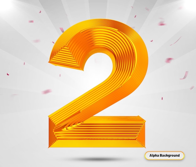 Número 2 3d render estilo oro lujo