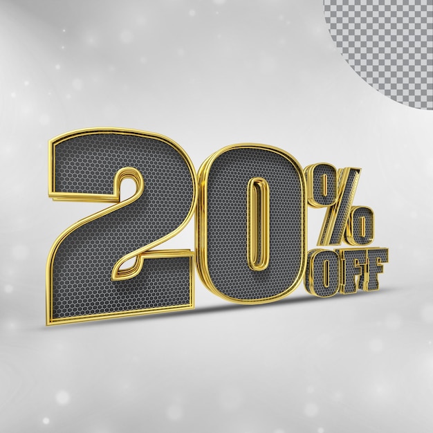 Número 20 por ciento 3D render colección color dorado y negro