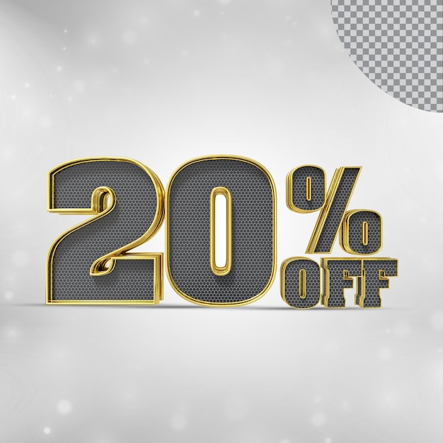 Número 20 por ciento 3D render colección color dorado