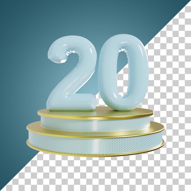 Número 20 Número brillante cian con ilustración 3d de podio