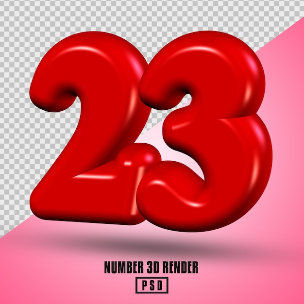 numero 23 rendering 3D di colore rosso