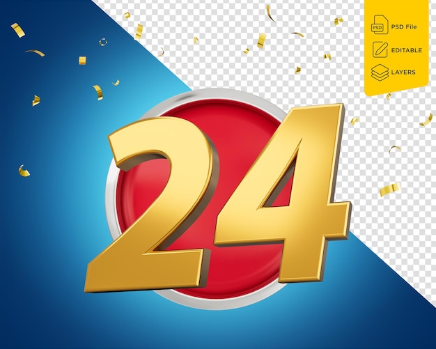 PSD número 24 de ouro número 24 em ícone vermelho arredondado com ilustração 3d de partículas