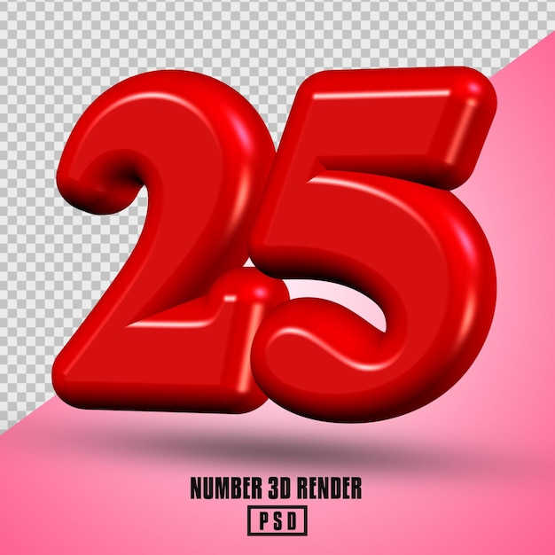 numero 25 rendering 3D di colore rosso
