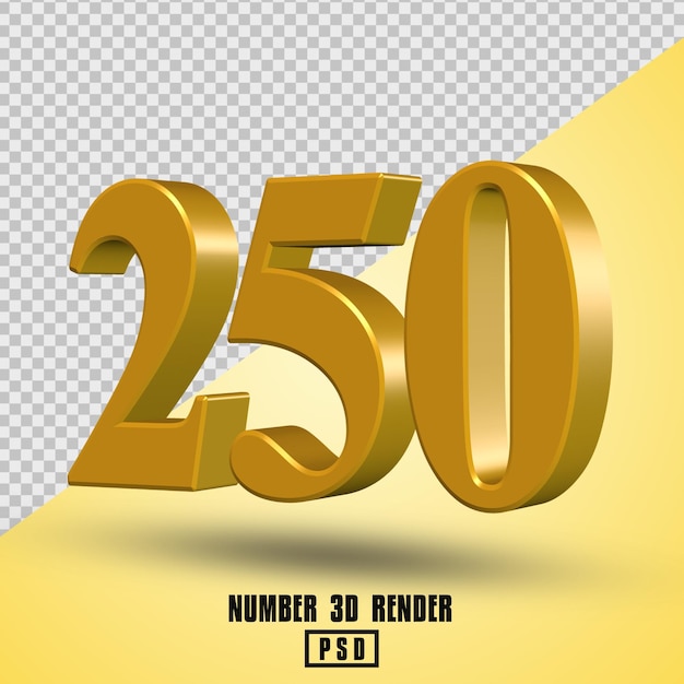 número 250 3d render amarillo oro color
