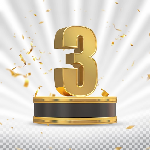 Número 3 3d de oro con podio