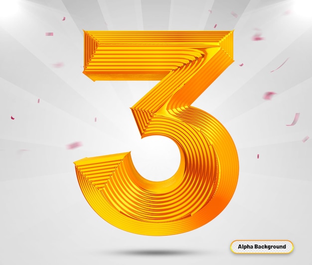 Número 3 3d render estilo oro lujo