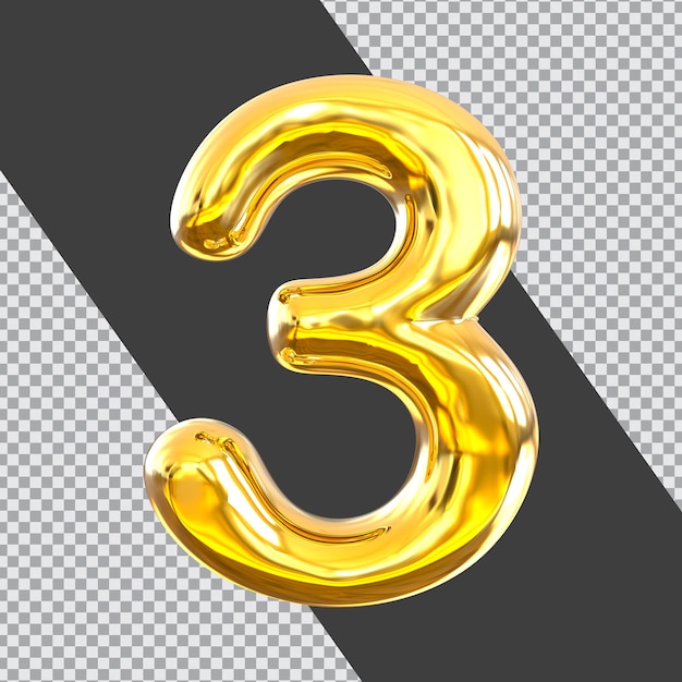 Número 3 3d render estilo oro lujo