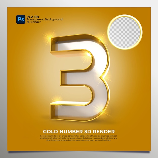 Número 3 3D Render Gold style con elementos