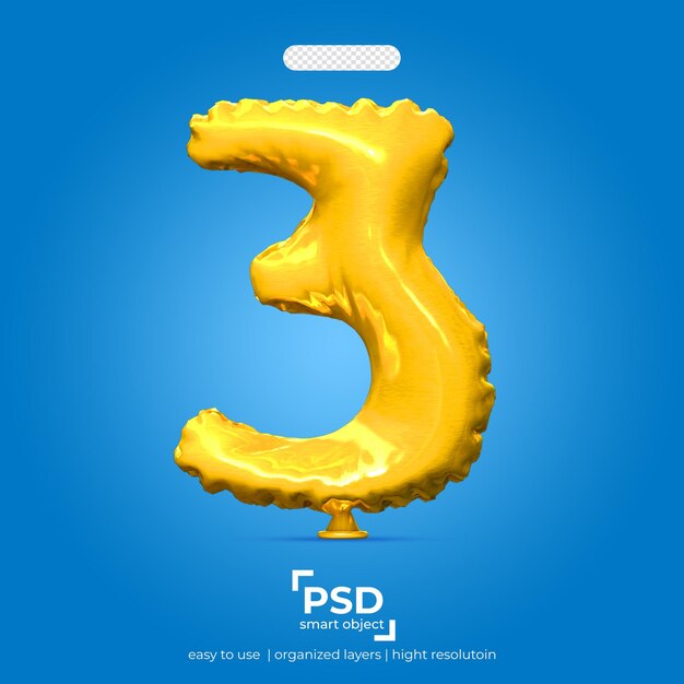 Número 3 Efecto de estilo de texto de globo Número de oro 3D