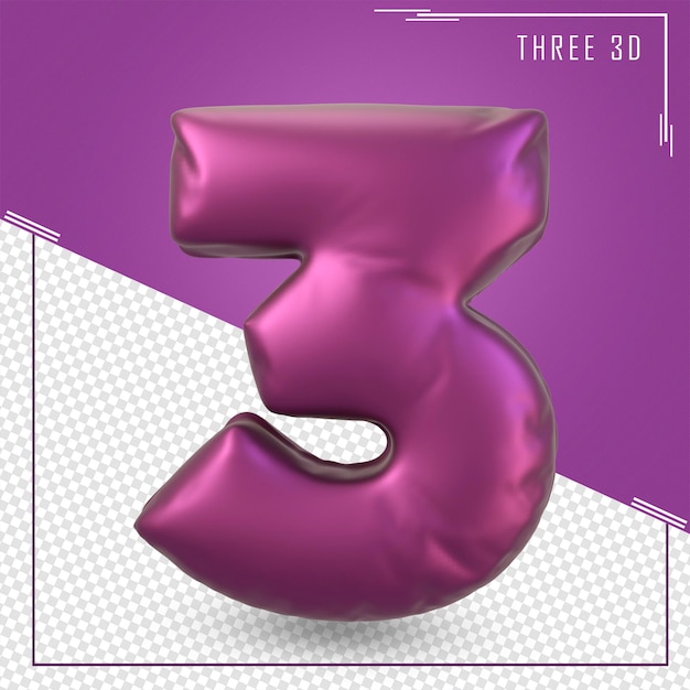 número 3, globos, 3d, ilustración, render
