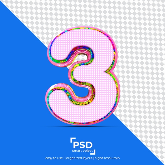 PSD número 3 melhor fonte 3d feita de realista com cor rosa pronta para uso