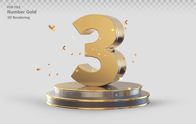 Número 3 de oro con podio modelo 3d