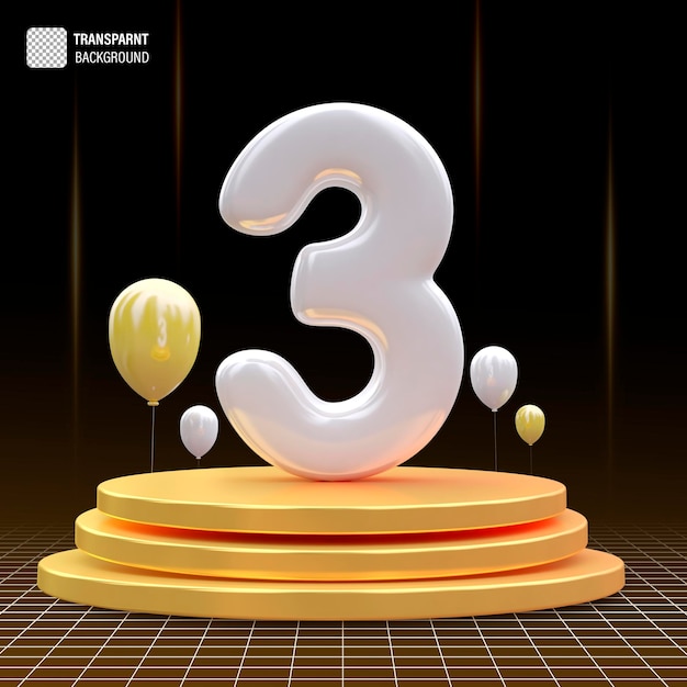 Número 3 con Podio y Globos 3D