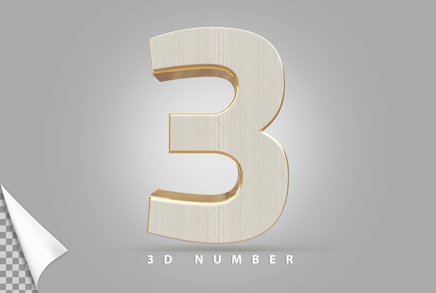 Número 3 de renderizado 3d dorado con estilo de madera