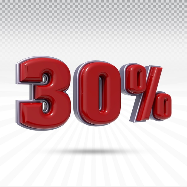 Número 30 por ciento colección de render 3D con color rojo a la izquierda