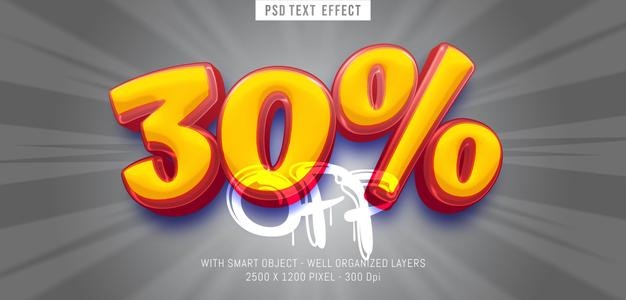 Número de 30 por ciento de venta de PSD con efecto 3d editable de estilo cómico