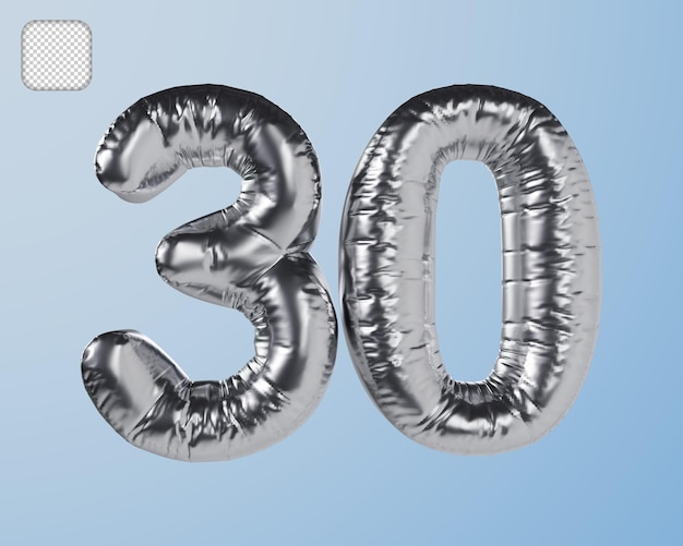 Número 30 Ilustración en 3D plateada