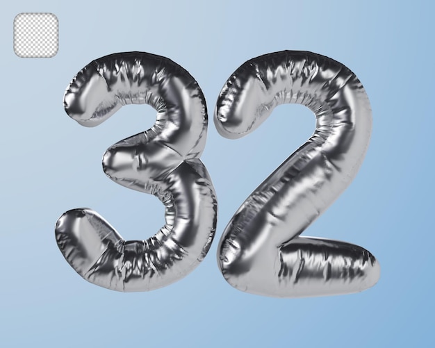 Número 32 Ilustración en 3D plateada