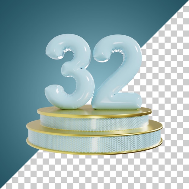 Número 32 Número brillante cian con ilustración 3d de podio