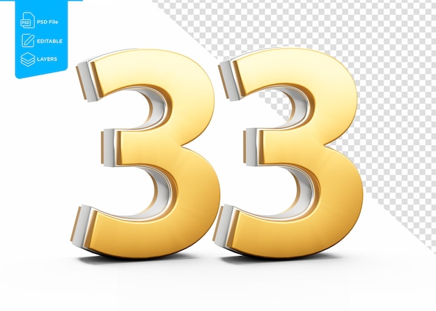 Número 33 de 33 dígitos dorado brillante con brillo metálico en fondo blanco Ilustración en 3D