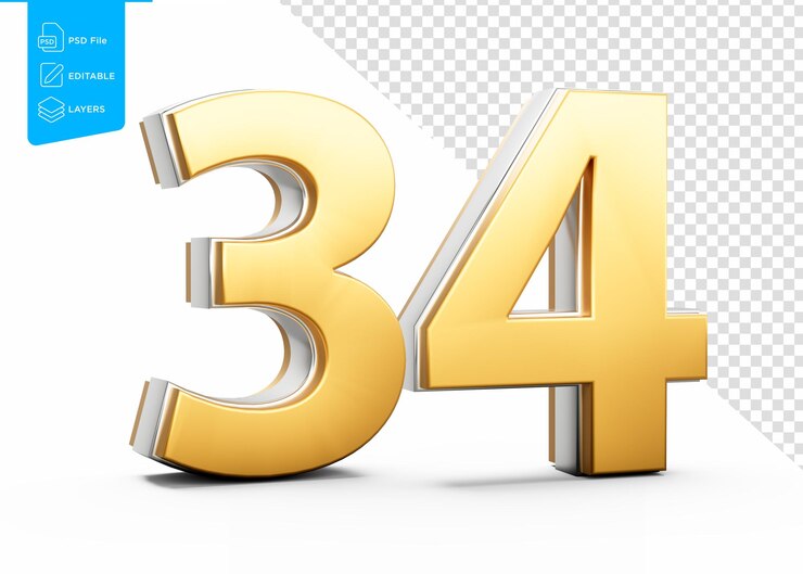 PSD número 34 de 34 dígitos dorado brillante con brillo metálico en fondo blanco ilustración en 3d
