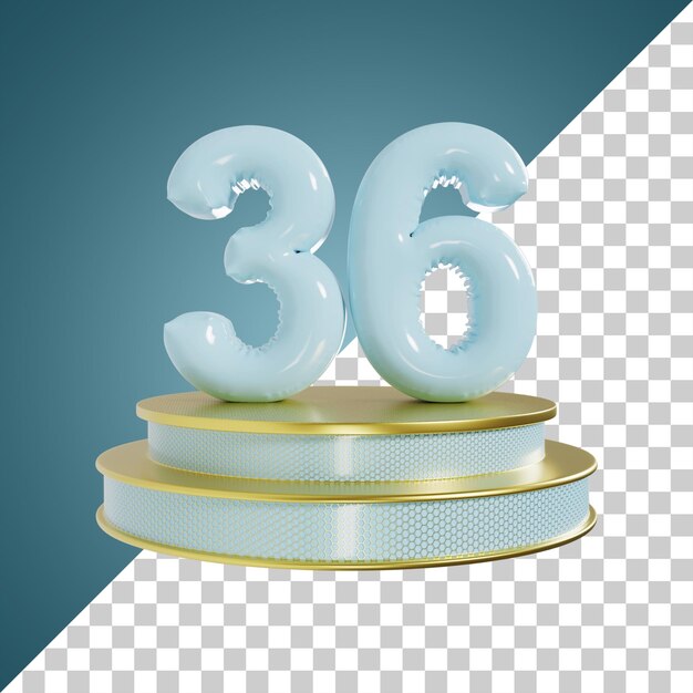 Número 36 Número brillante cian con ilustración 3d de podio