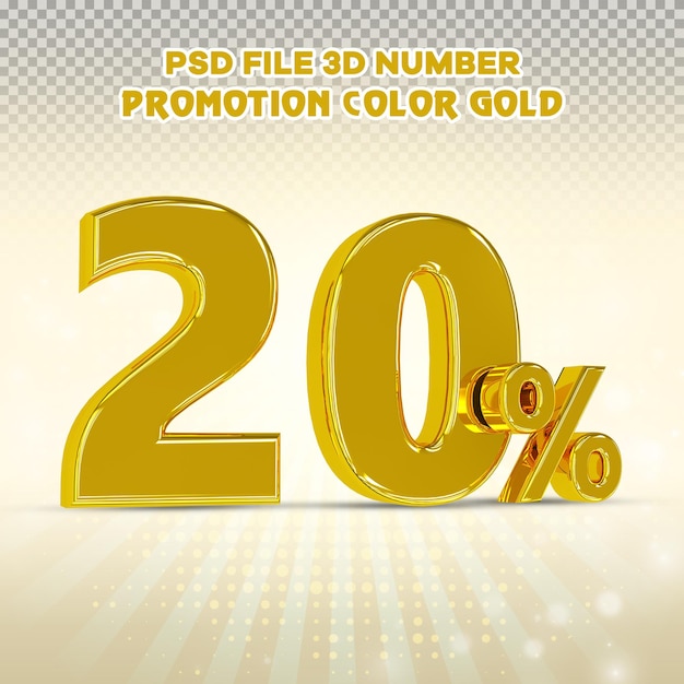 Número 3d 20 por ciento promoción o descuento estilo color dorado