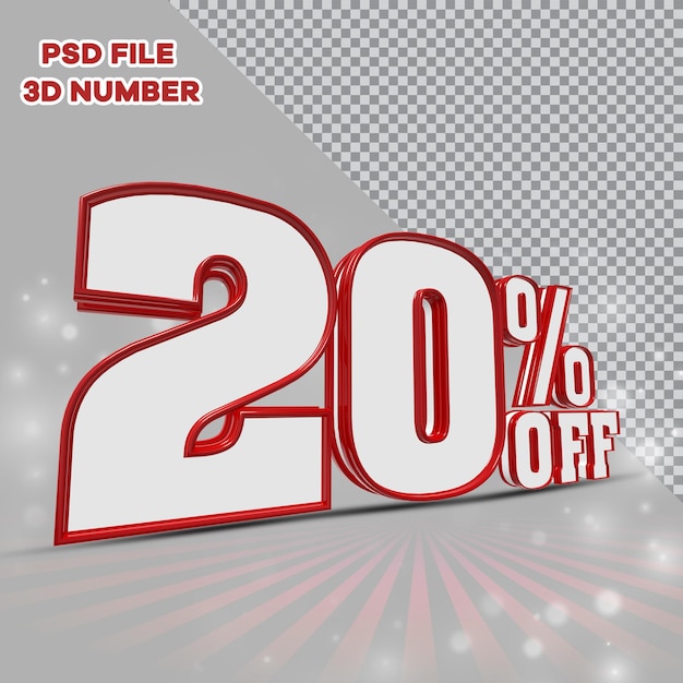 Número 3D 20 por ciento Promoción o Descuento Estilo Color rojo