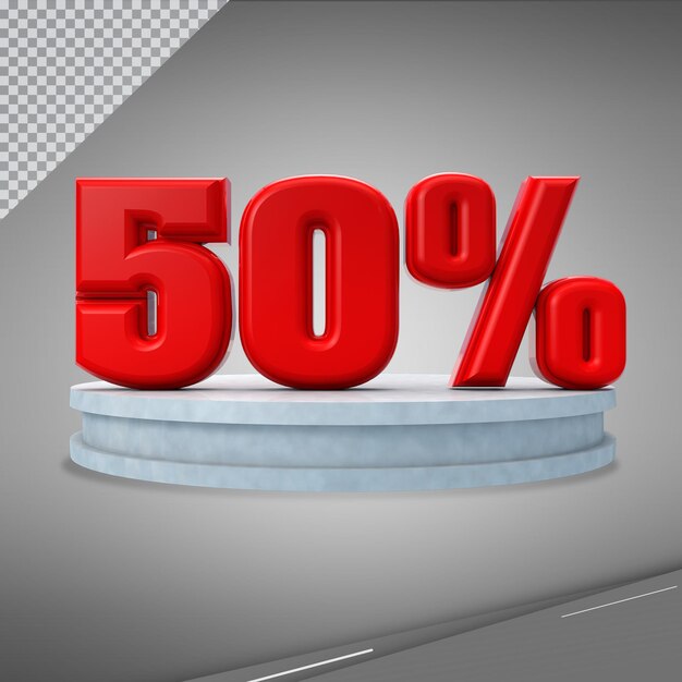 Número 3D 50 por ciento en el podio para promoción o descuento