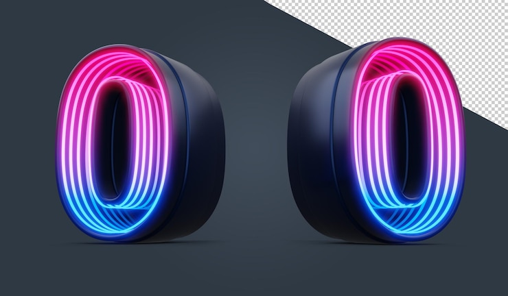 PSD número 3d com luz de néon colorida dentro de renderização 3d