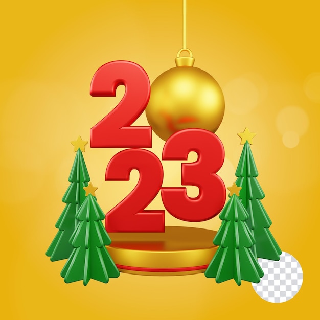 Numéro 3d De Fond De Nouvel An 2023 Pour La Célébration De La Saison De Noël Avec Podium En Or Clair De Noël Doré Et Arbre De Noël Vert