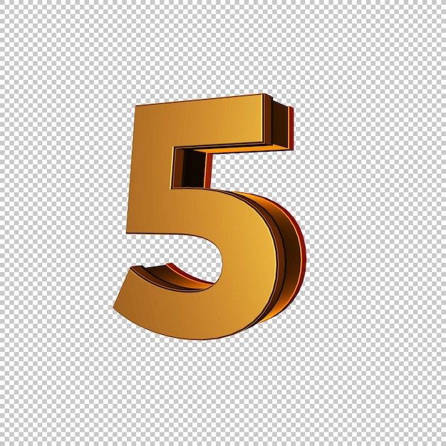 Numéro 3D isolé 5 en or frappant avec fond transparent