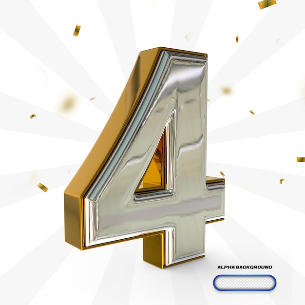 Número 4 3d render estilo oro lujo