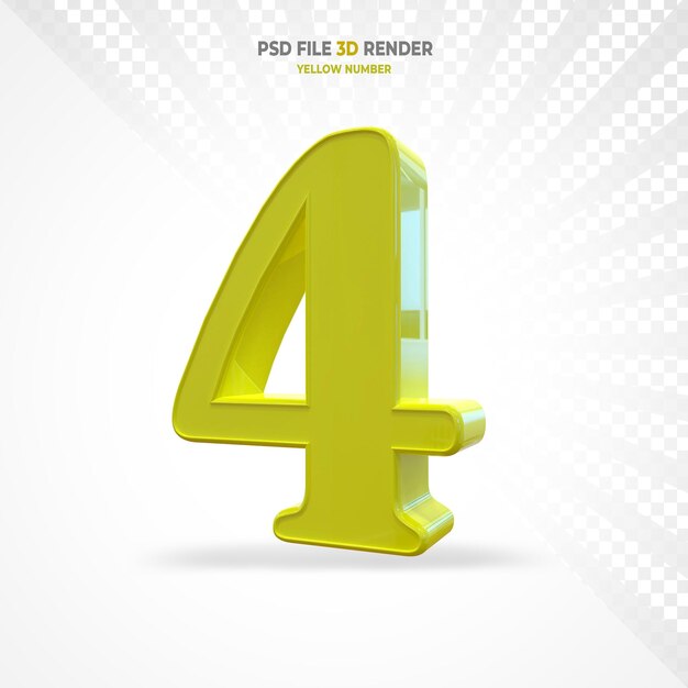 Número 4 amarillo render 3d