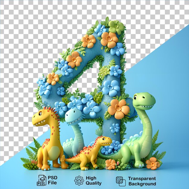 PSD número 4 com estilo de desenho animado de dinossauro isolado em fundo transparente incluir arquivo png