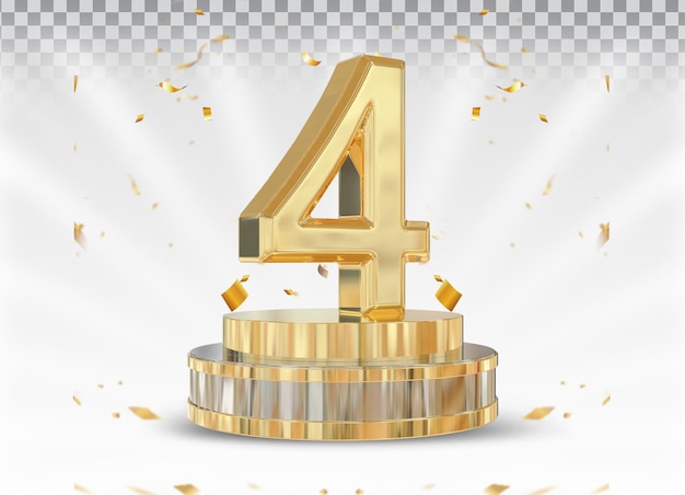 Número 4 de oro con podio 3d render