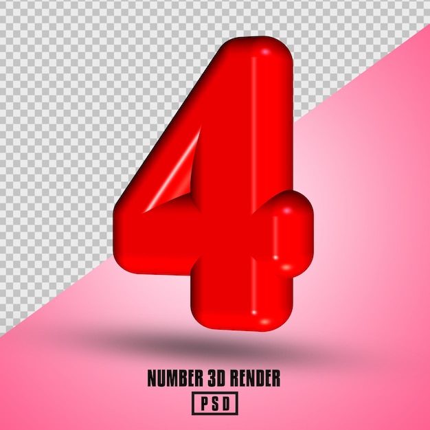 numero 4 rendering 3D di colore rosso