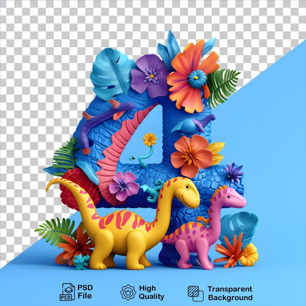 PSD numéro 4 avec un style de dessin animé de dinosaure isolé sur un fond transparent inclure un fichier png