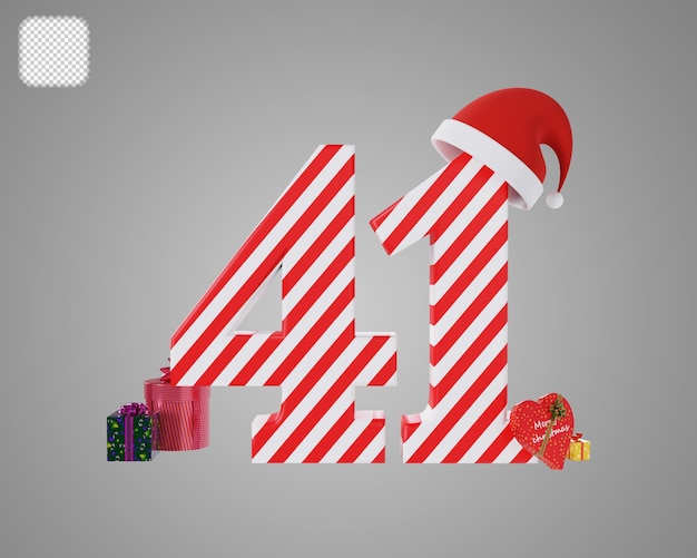 Número 41 con sombrero rojo de santa navidad ilustración 3d