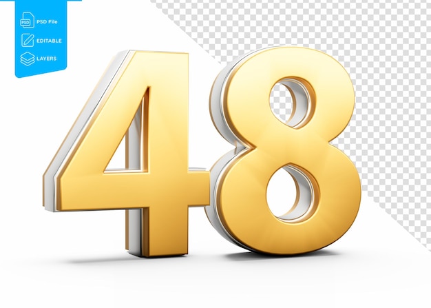 Número de 48 dígitos dorado brillante con brillo metálico en fondo blanco Ilustración en 3D