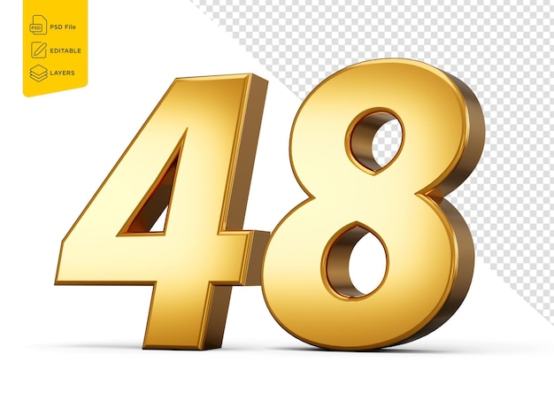 Número 48 de oro Cuarenta y ocho sobre fondo blanco brillante 3D Número 48 hecho de oro Ilustración 3D