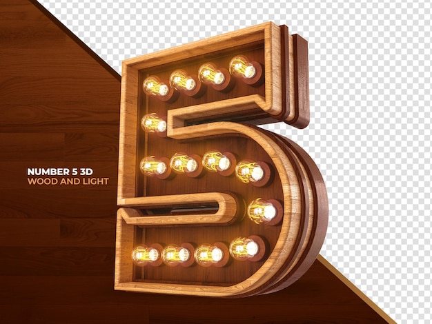 Numero 5 3d render legno con luci realistiche