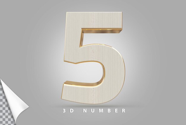 Numero 5 3d rendering dorato con stile legno