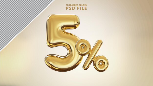Número 5 por ciento 3D render de lujo dorado