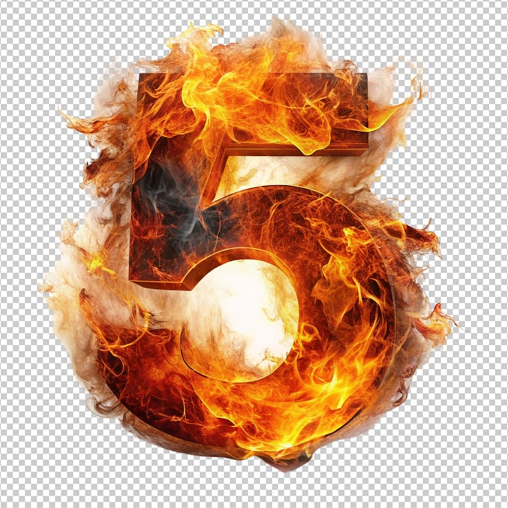 PSD número 5 llamas de fuego en fondo blanco