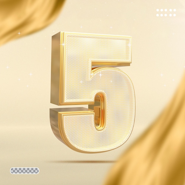 Número 5 de lujo de estilo de render 3d de oro