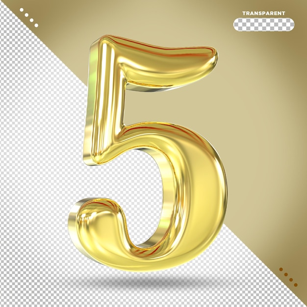 número 5, oro, 3d, render
