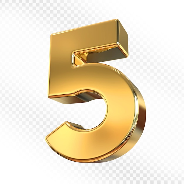 número 5, oro, 3d, render
