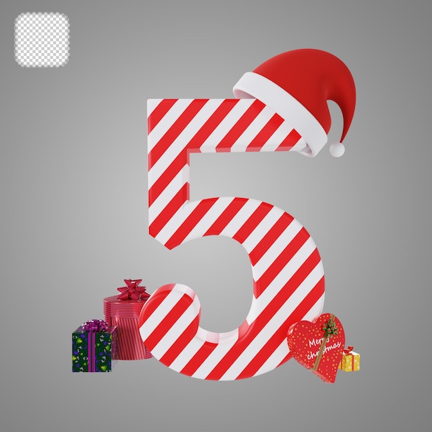 Número 5 con sombrero rojo de Santa Navidad ilustración 3d